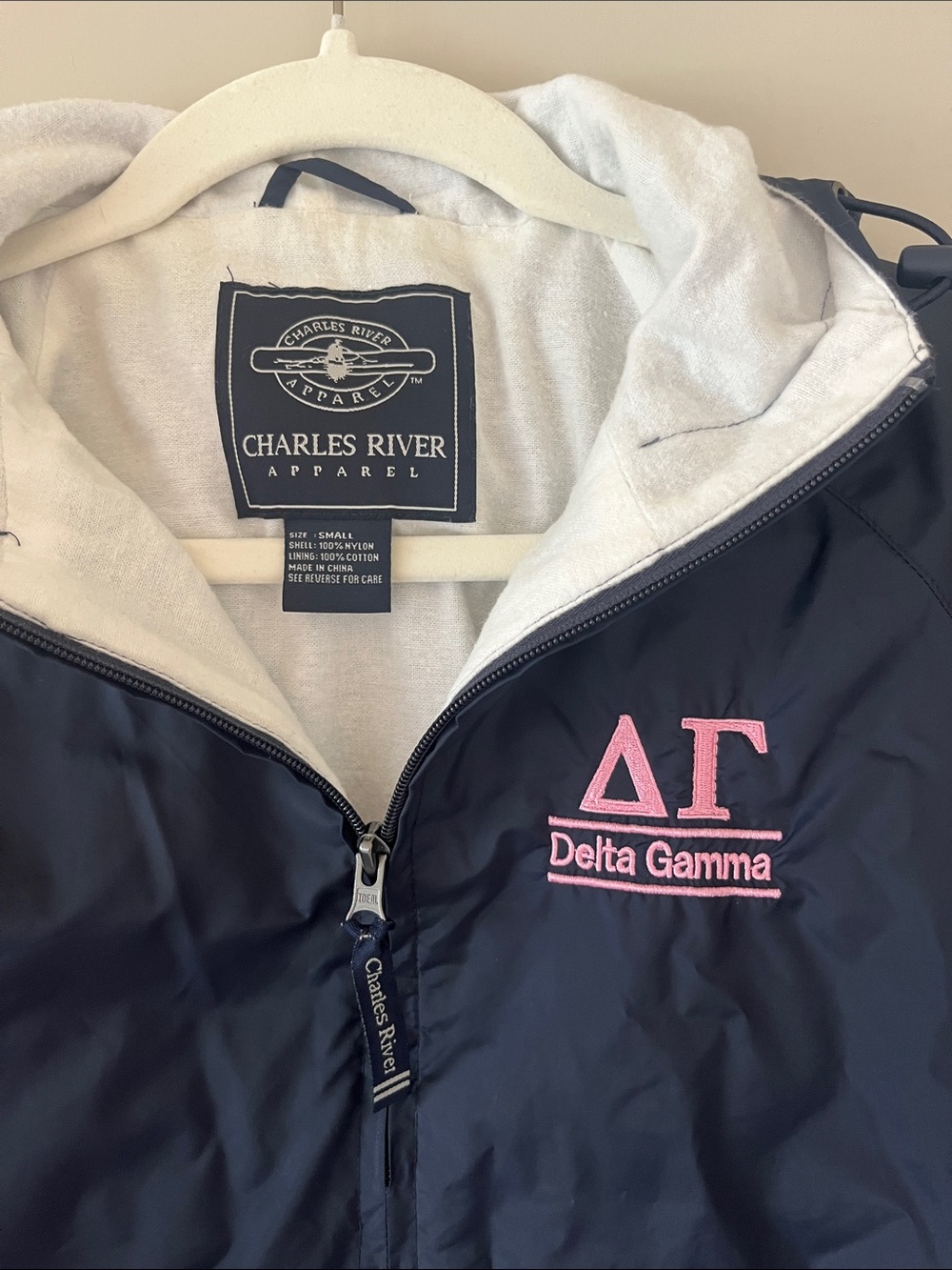 Vintage Charles River Apparel Navy Windbreaker with Pink Delta Gamma Embroidery - Picture 2 of 5